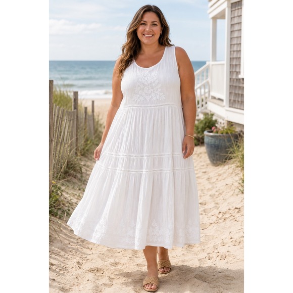 J. Jill Dresses & Skirts - J JILL Maxi Dress 4X White Embroidered Gauze Cotton Blend Tiered Boho Sleeveless